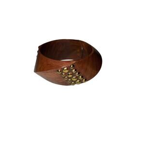 Iris Apfel & Bajalia Chunky Tribal Wood Bangle Bracelet Brass Studs Artisan